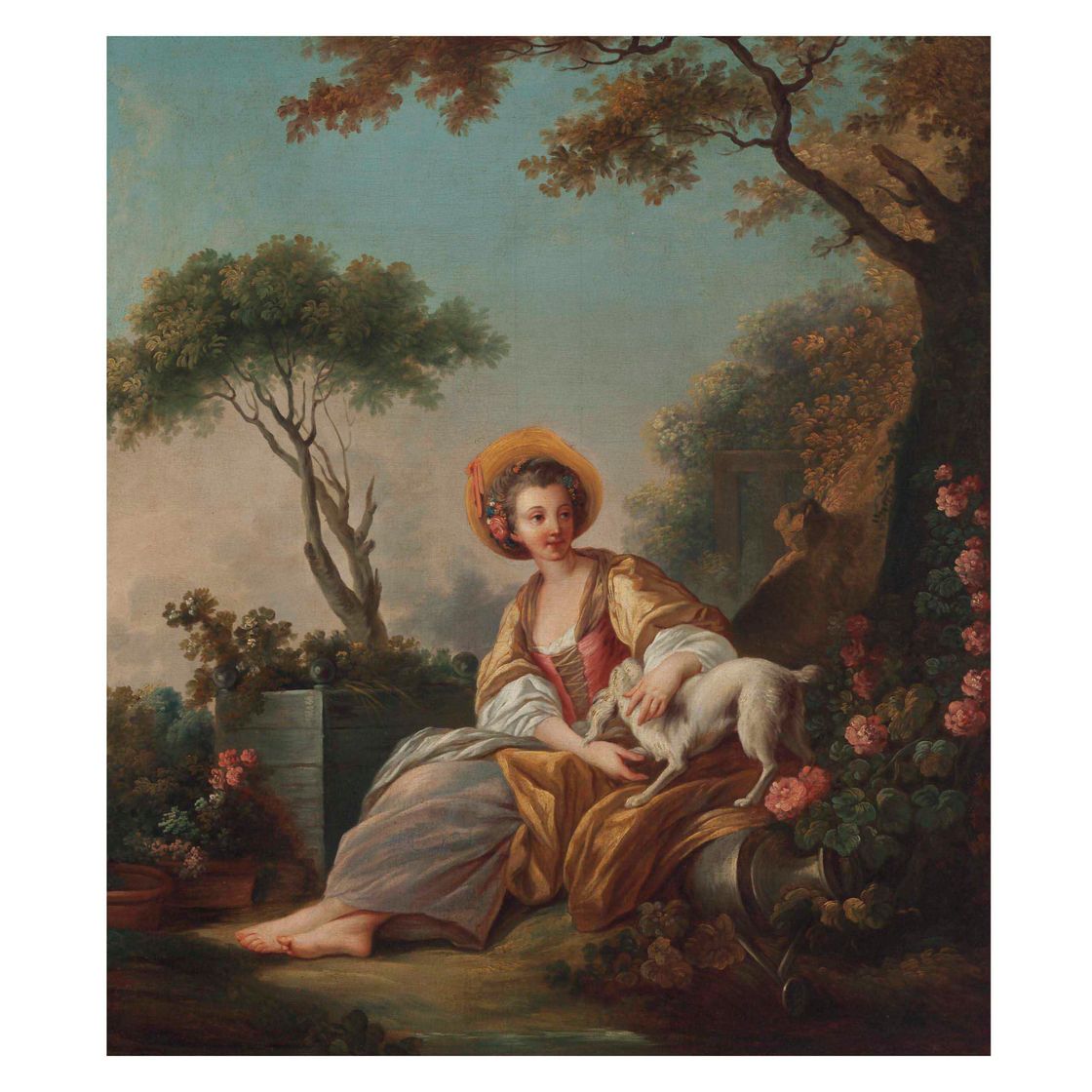 François Boucher — Сидящая пастушка, играющая с собакой, на фоне лесистого пейзажа с цветами