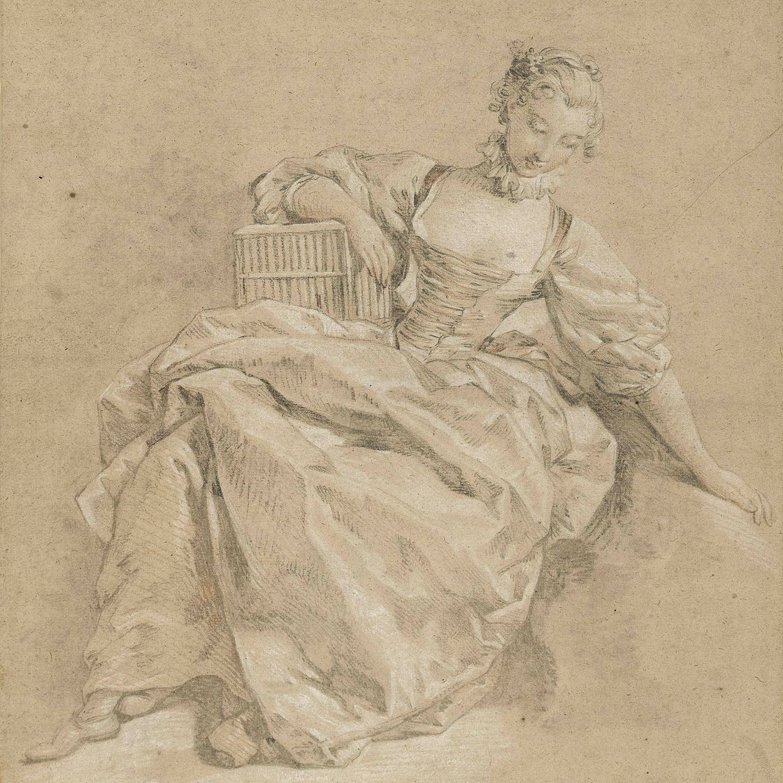 François Boucher — Сидящая молодая женщина, опирающаяся на птичью клетку