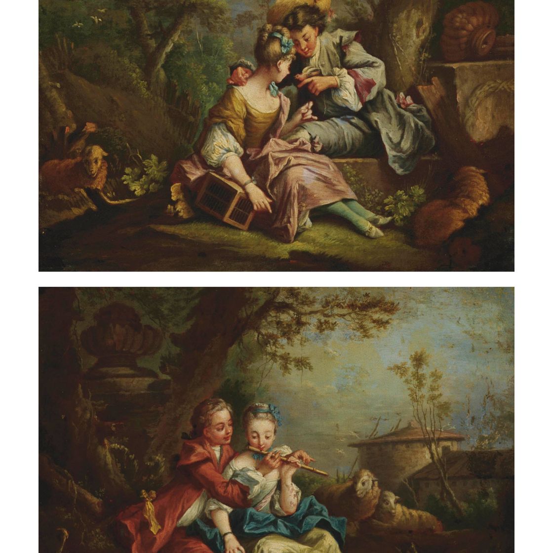 François Boucher — Лесной пейзаж с пастухом и пастушонкой со своим стадом у урны; и лесной пейзаж с пастухом и пастушонкой, ловящими птицу
