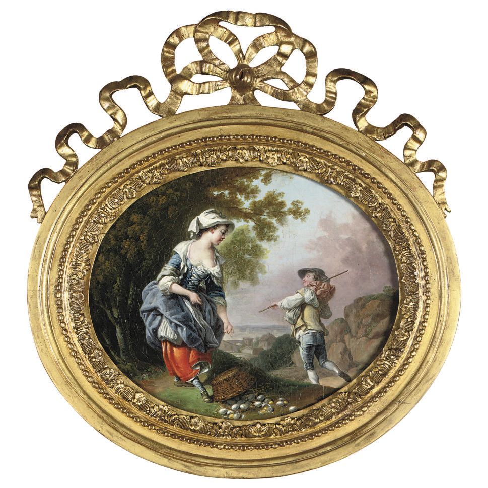 François Boucher — Молодая девушка с корзиной разбитых яиц на фоне холмистого пейзажа, молодой человек с рюкзаком рядом.