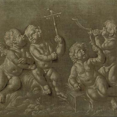 François Boucher — Четверо путти веселятся на фоне пейзажа в гризайле