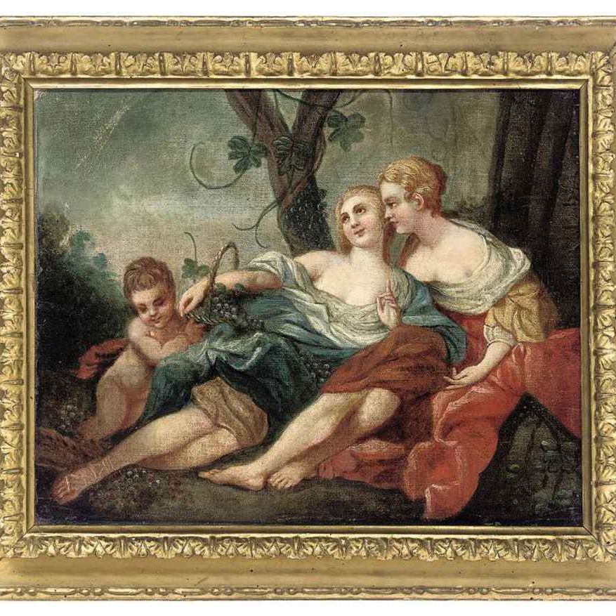 François Boucher — Две женские фигуры в классических платьях, лежащие на фоне пейзажа, и путти