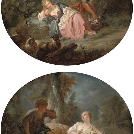 François Boucher — Пастух, ухаживающий за пастушкой; и пастух со спящей пастушкой на фоне пейзажа