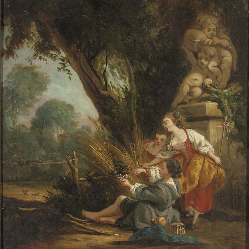 François Boucher — Фигуры, выпускающие птицу в классическом пейзаже
