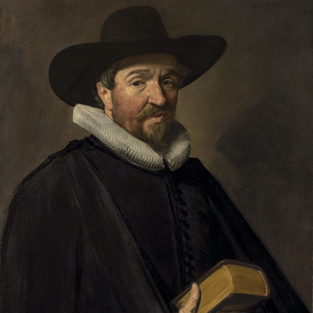 Frans Hals — Портрет Конрадуса Виэтора (1588-1657), 56 лет, в полный рост, в черном камзоле, плаще и шляпе с белым воротником, с книгой в руках