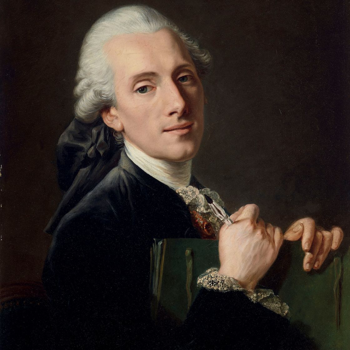 French School — Портрет художника, возможно, Жозефа-Мари Вьена (1716-1809), с портфолио и пером в руках, длиной до груди