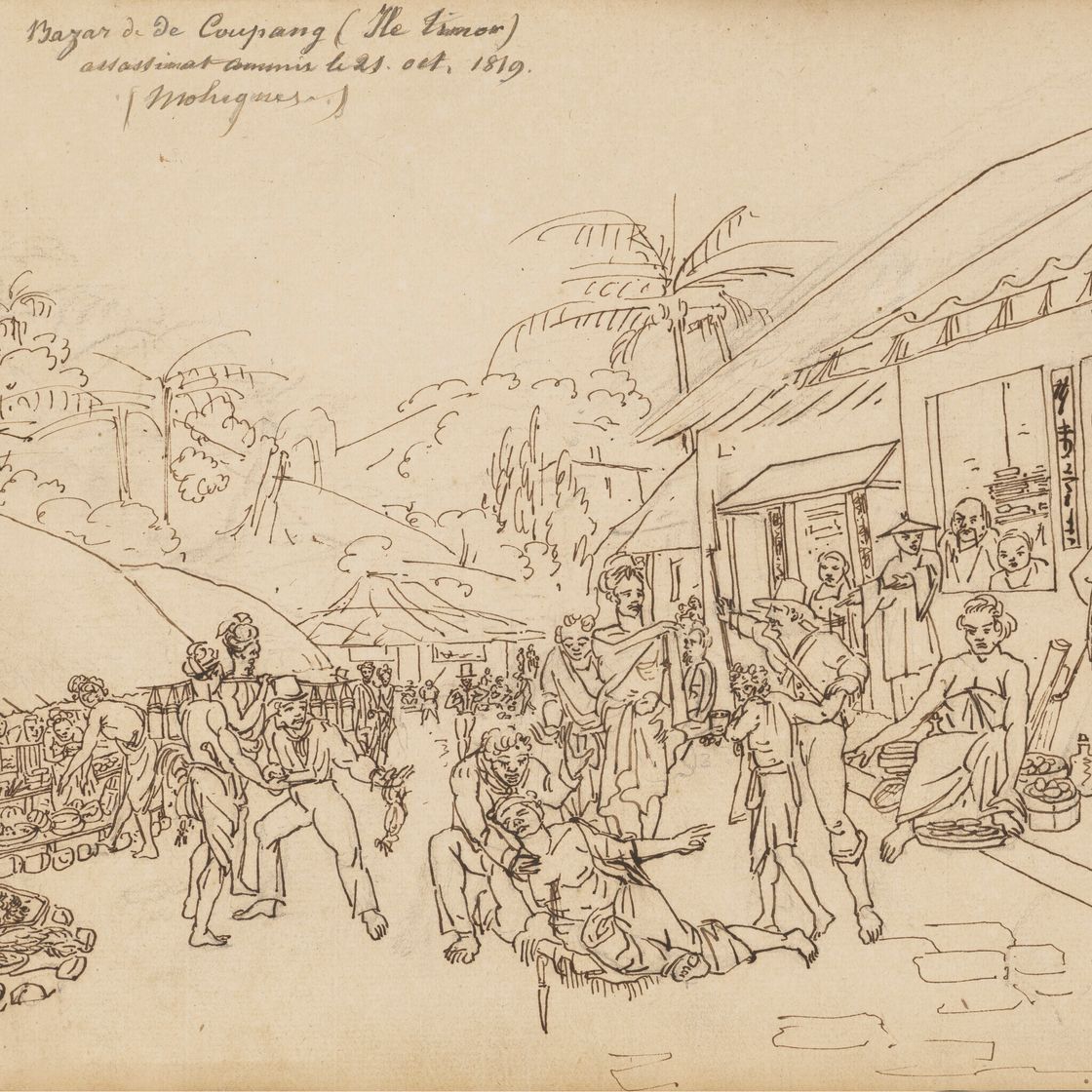 French School — Сцена убийства на базаре в Купанге (остров Тимор, 21 октября 1818 года), изображение 1