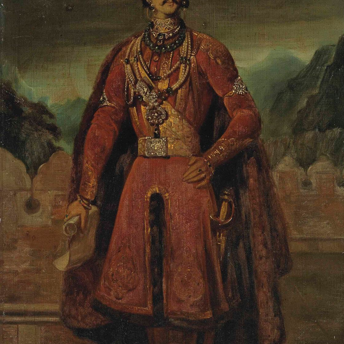 French School — Портрет магараджи, вероятно, Юнга Бахадура Непальского (1816-1877), стоящего на балконе, за которым открывается горный пейзаж