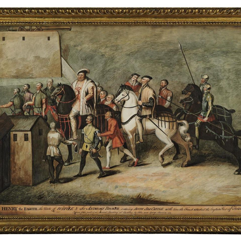 French School — Король Генрих VIII, герцог Саффолк и сэр Энтони Браун входят в замок Южного моря во время нападения французов на английский флот у Портсмута в 1545 году. Снимок взят со старинной картины Джона и Джорджа Шервинов, написанной в Каудрее в 1774 году.