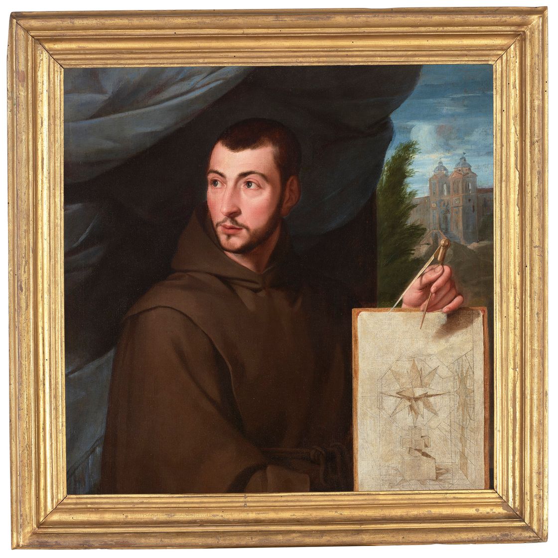 French School — Портрет Жана-Франсуа Нисерона (1613-1646), поясной, с изображением Пропозиции Тригесимы из его публикации под названием "Необычная перспектива" на фоне пейзажа с монастырем Святой Троицы деи Монти.