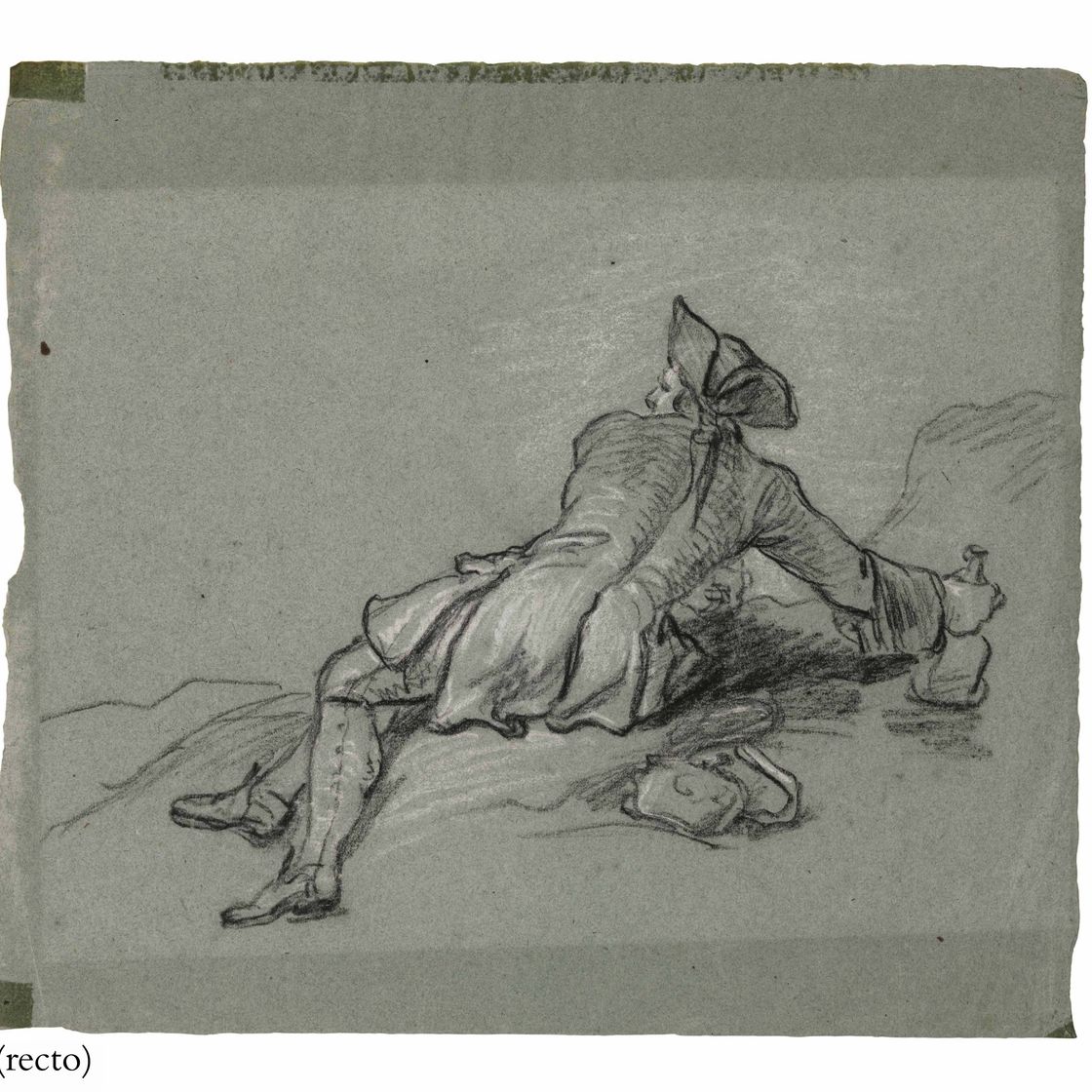 French School — Сидящий джентльмен, видимый сзади, в треуголке и с бутылкой в руках (справа ); Сидящая дама в шляпке и с собакой у ног ( сзади )