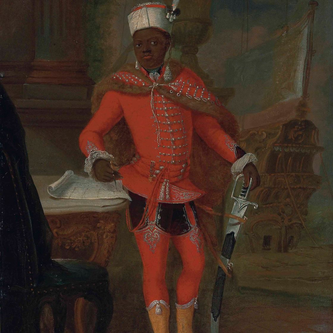 French School — Портрет африканца, предположительно Фостена-Эли Сулука (1782-1867), императора Гаити, стоящего в полный рост в военной форме и рассматривающего план корабля на столе рядом с собой, корабль пришвартован за