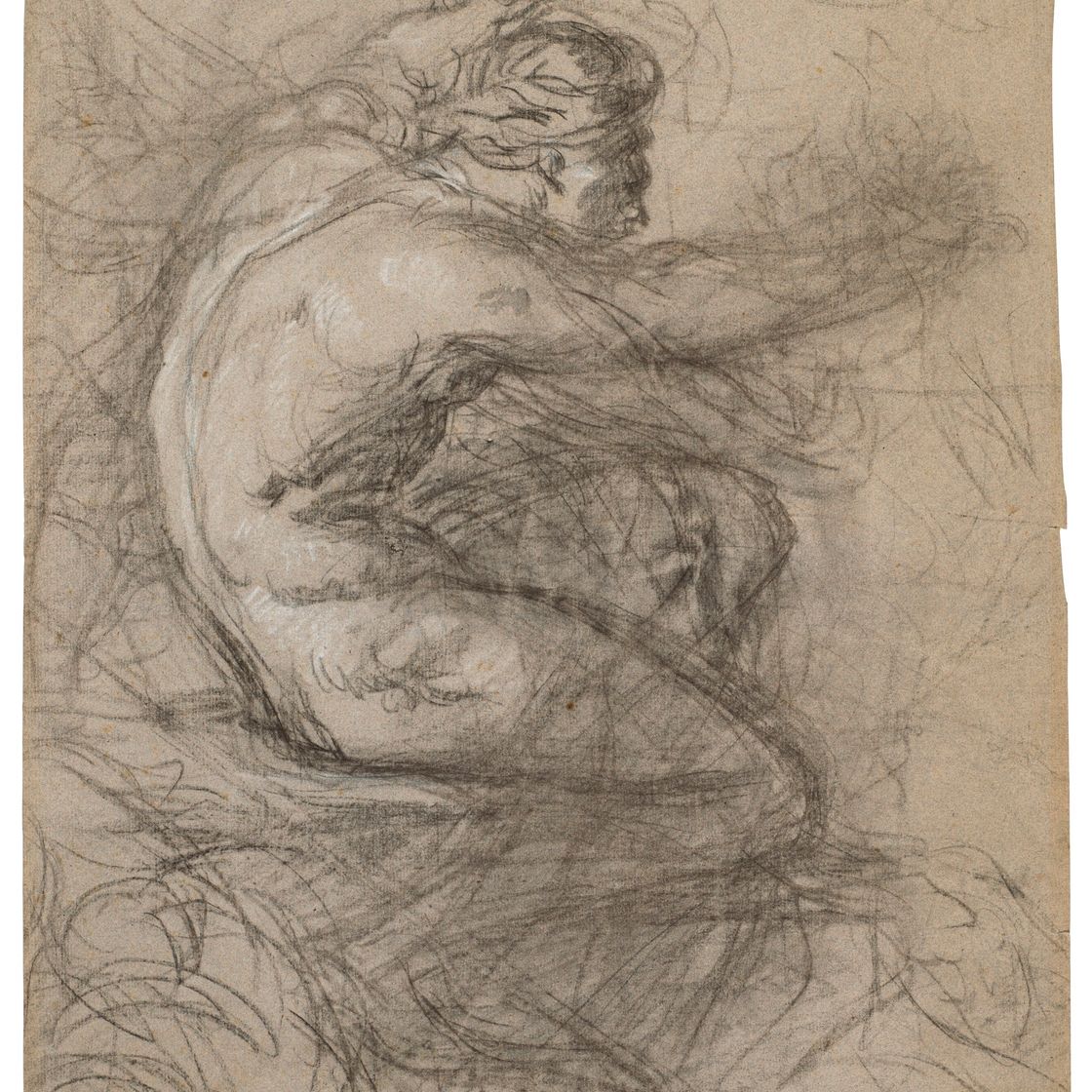 French School — Обнаженный мужчина в тюрбане, сидящий с распростертыми руками (спереди ); Лев и львица на фоне пейзажа ( оборотная сторона ), изображение 1