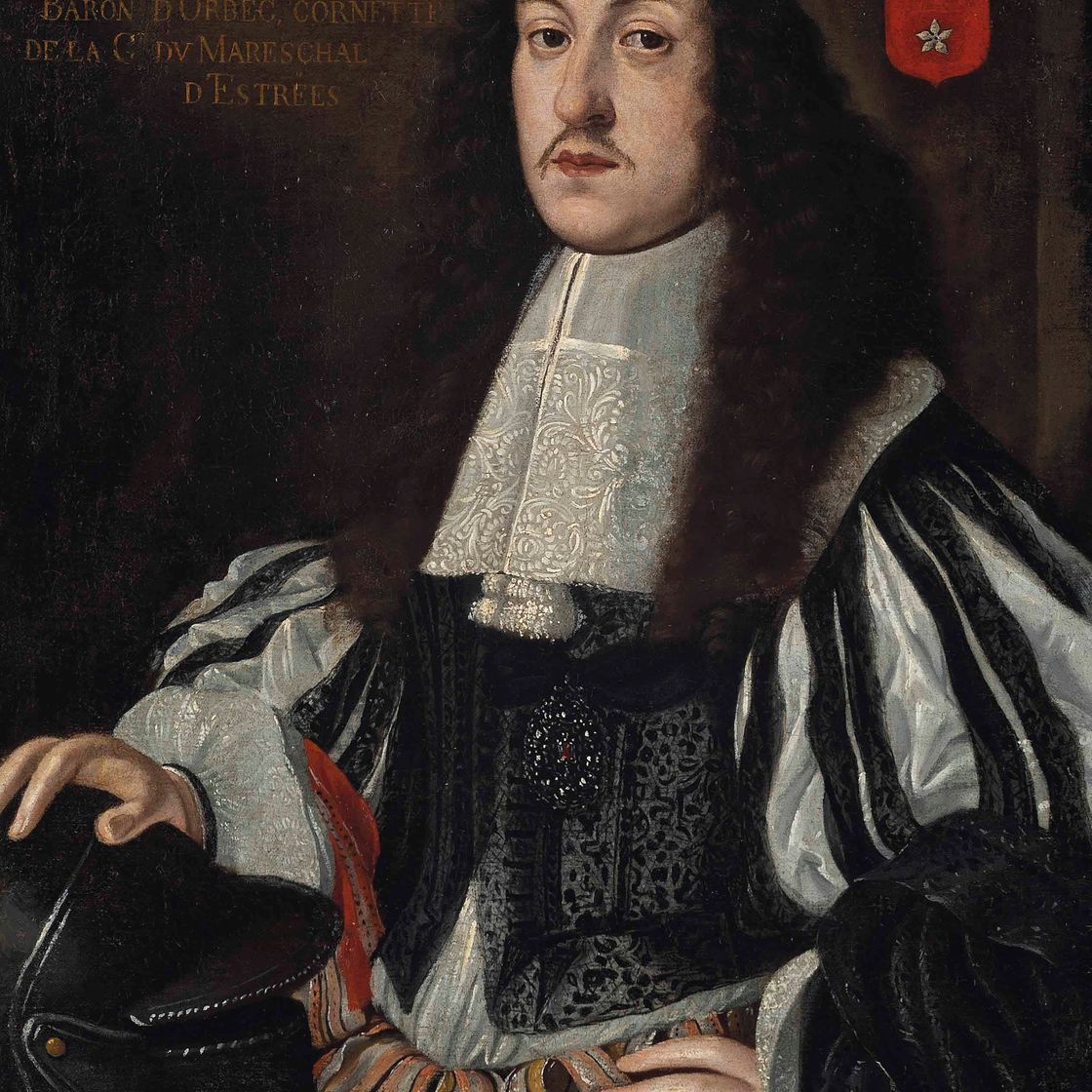 French School — Портрет Жана дю Мерля, барона д'Орбека (1603-1651), в полный рост, в черном расшитом камзоле с разрезанными рукавами