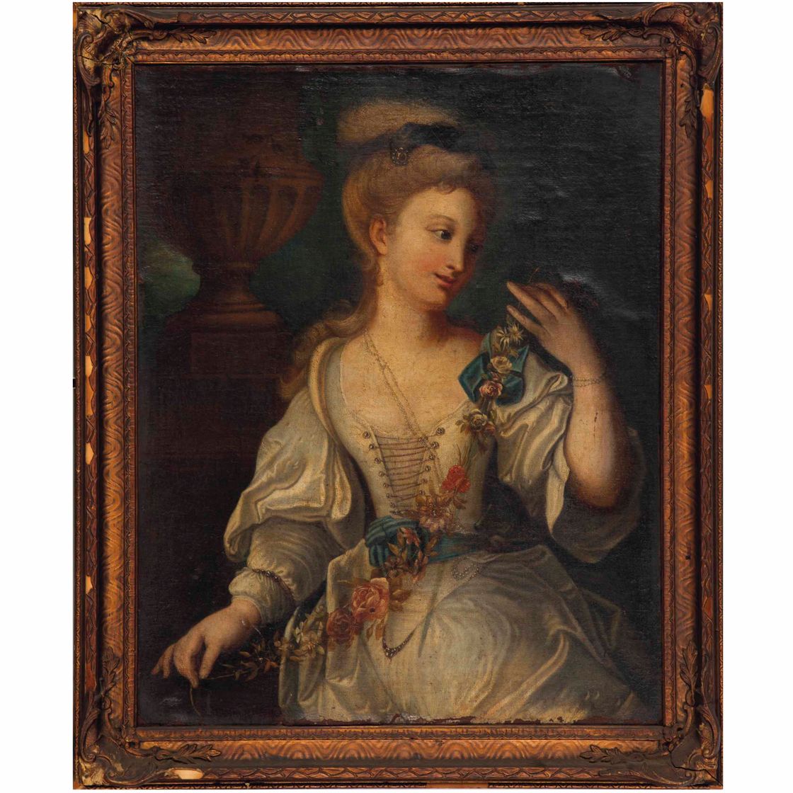 French School — Портрет дамы в три четверти роста, с голубым поясом и цветочной гирляндой
