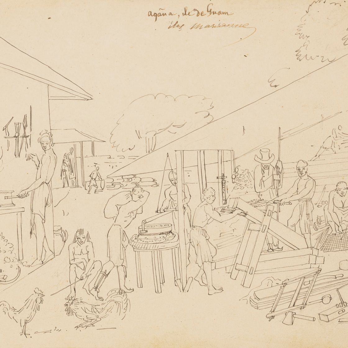French School — Две сцены работы ремесленников на острове Гуам (Море Филиппин) 19 марта 1819 года : Новая винокурня ; и работы механиков (кузница, меню), изображение 3