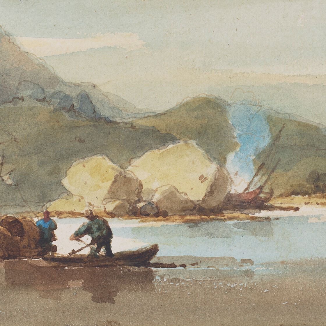 George Chinnery — Джонки и лодки-танки в бухте, с выброшенным на берег барахлом и костром для приготовления пищи за ним, изображение 1