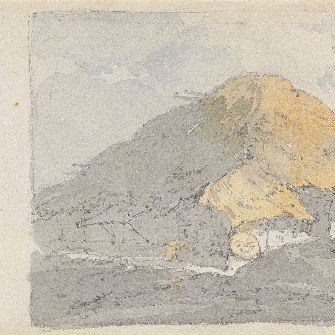 George Chinnery — Разрушенный храм, Бенгалия, с купающимися фигурами; и индийский храм с сидящей фигурой на переднем плане (справа), с наброском крытых соломой хижин, Бенгалия (оборотная сторона)., изображение 3