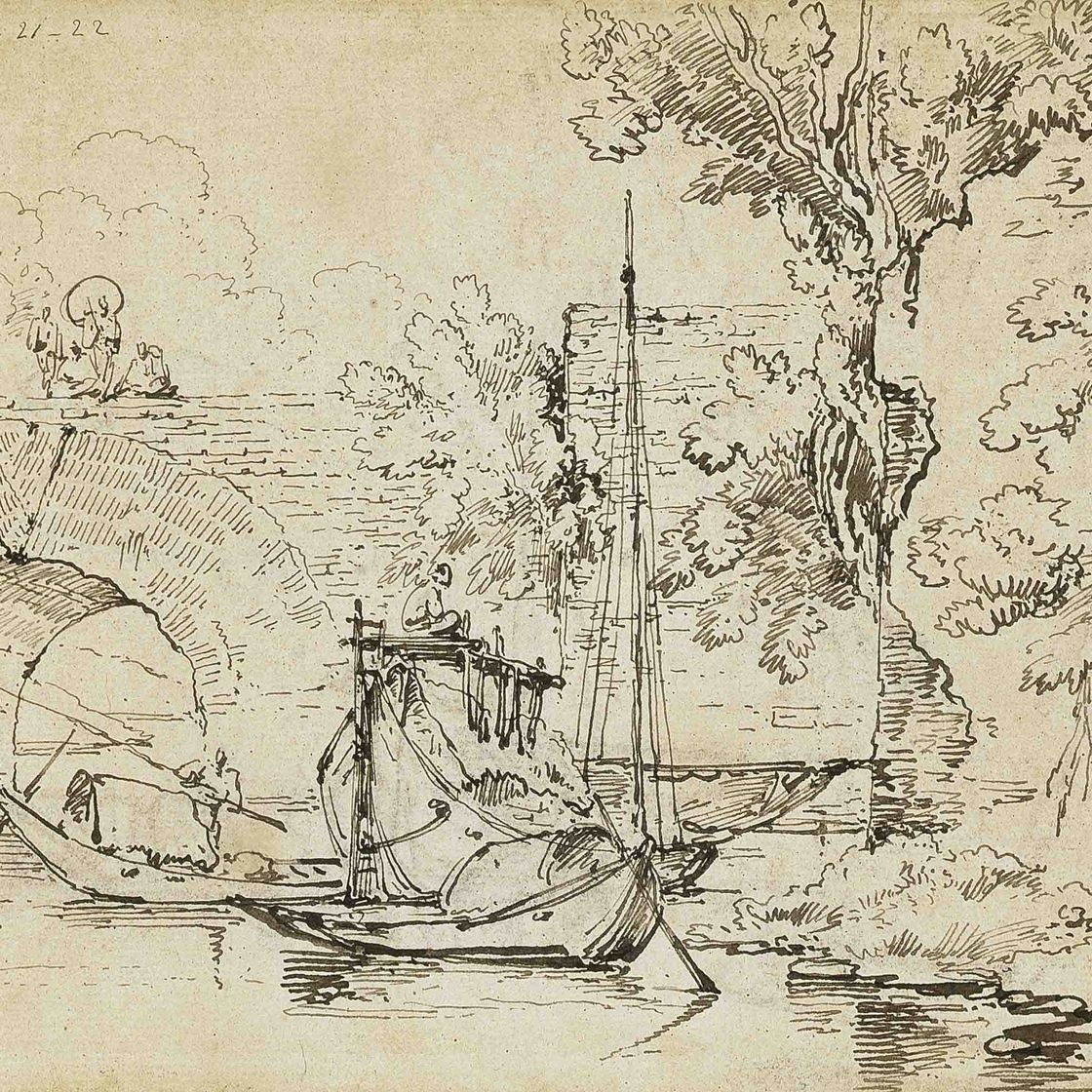 George Chinnery — Лодки индейцев у моста, Индия (справа), и этюды с изображением собаки и лодки (оборотная сторона); Фигуры, моющиеся у Гхата; Повозка, запряженная волами, возле хижины (справа), и лодки возле Гхата (оборотная сторона); Корова, сидящая возле хижины с корзинами и горшками (справа), а также наброски реки, лодки и курящей фигуры (оборотная сторона)