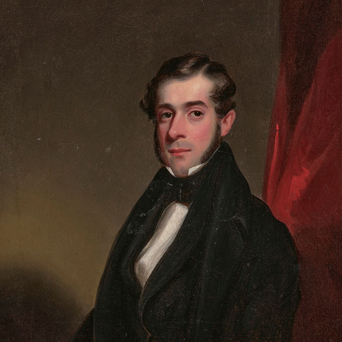 George Chinnery — Портрет европейского купца, в полный рост, в черном пальто, изображение 1