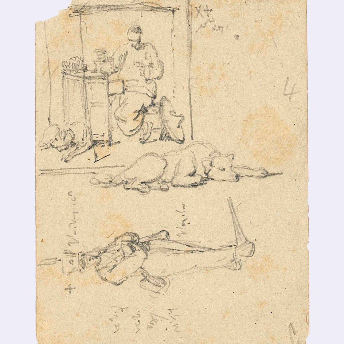 George Chinnery — Этюды китайского торговца, его собаки и солдата; Ноги; рука, держащая монету; шлем от доспехов