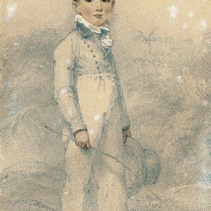 George Chinnery — Портрет Уильяма Энтони Барлтона, маленького мальчика, стоящего в полный рост на фоне тропического пейзажа