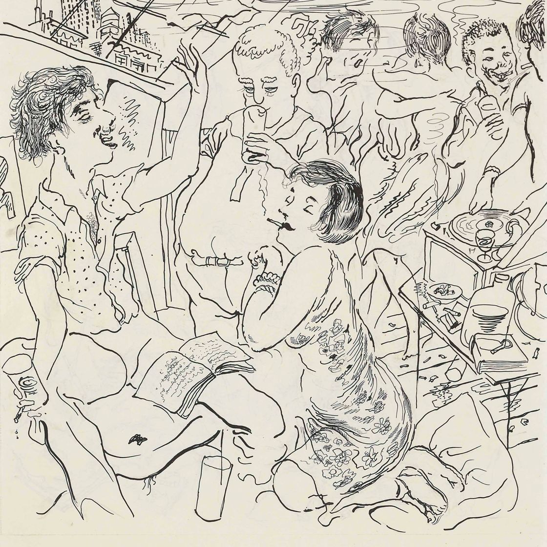 George Grosz — Могильная плита в Гринвич-Виллидж ( справа ); Сцена драки, изображающая неудачную забастовку рабочих ( слева )