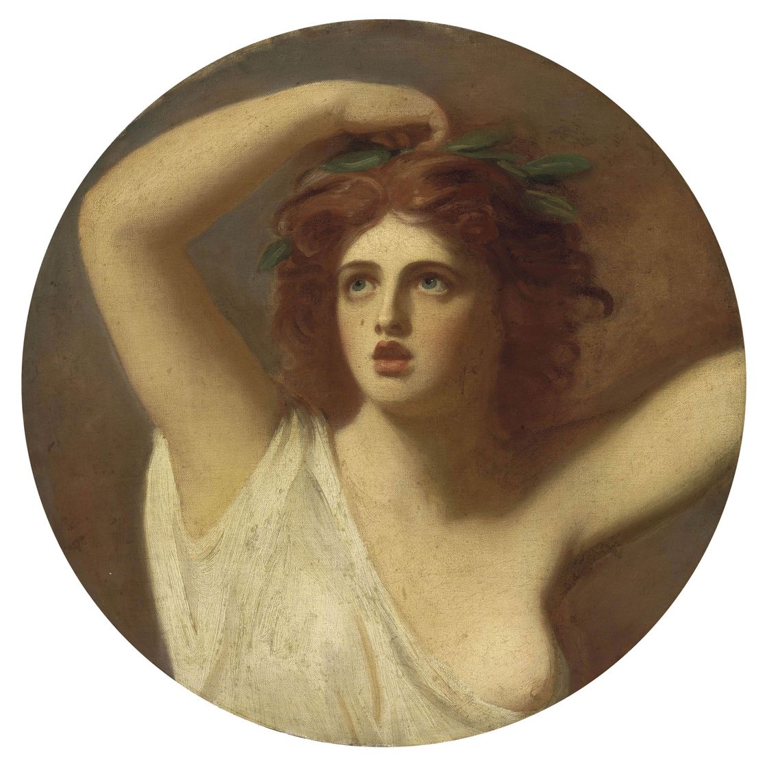 George Romney — Портрет леди Эммы Гамильтон в роли Кассандры, в полный рост, в белом одеянии, с лавровым венком на голове