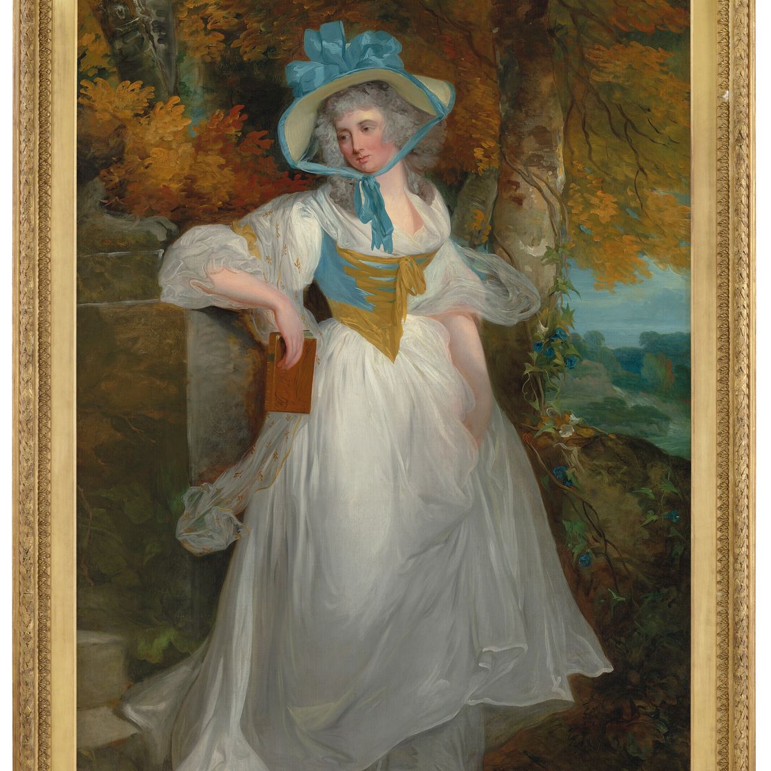 George Romney — Портрет Софии, графини Пулетт (ум. в 1811 году), в полный рост, в белом платье и шляпе, опирающейся на пьедестал, на фоне лесистого пейзажа
