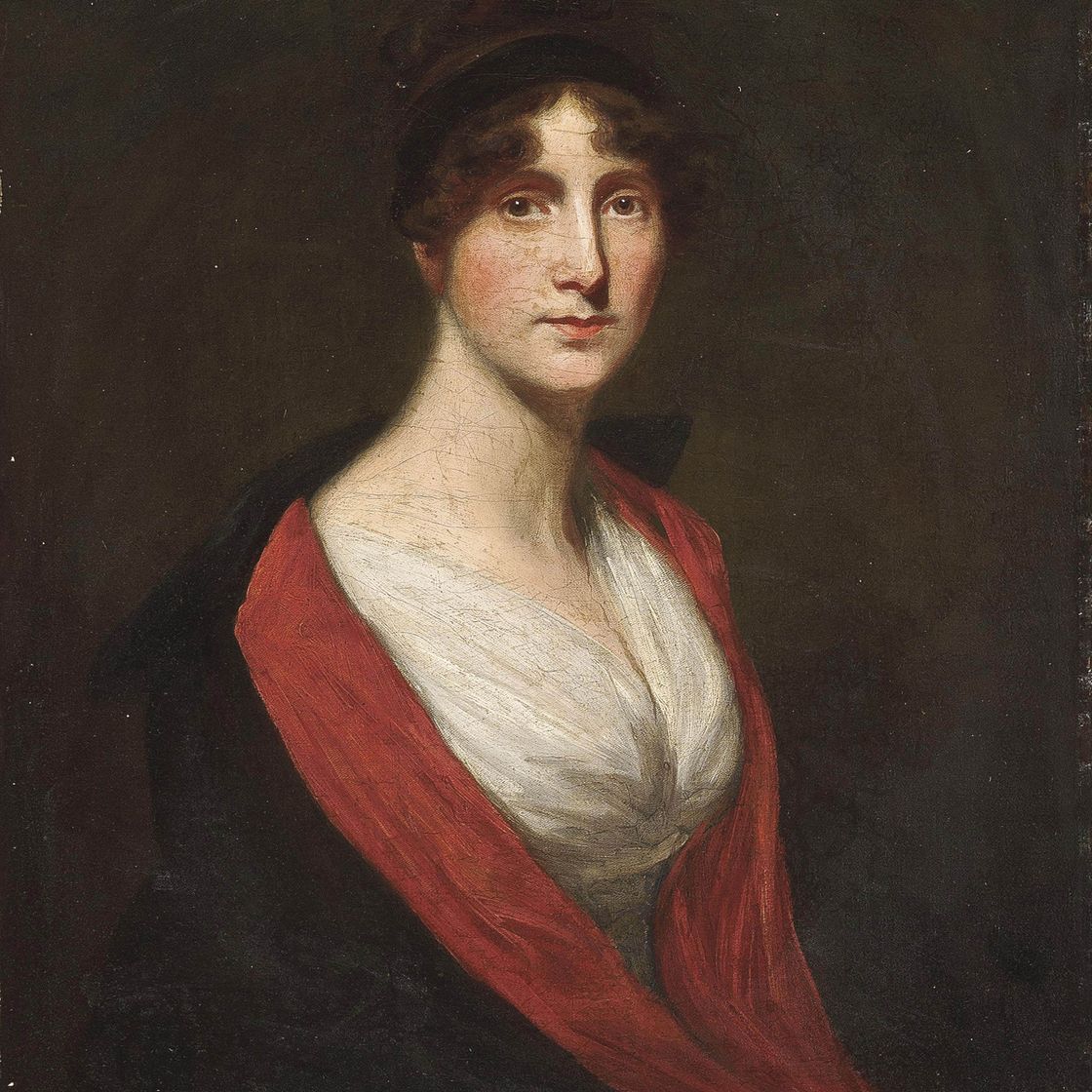 George Romney — Портрет дамы, традиционно идентифицируемой как Ханна Пенрис (1760-1829), в полный рост, в черно-красном пальто