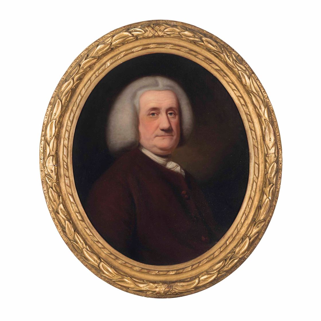 George Romney — Портрет джентльмена, во весь рост, в темно-бордовом сюртуке и белом шарфе