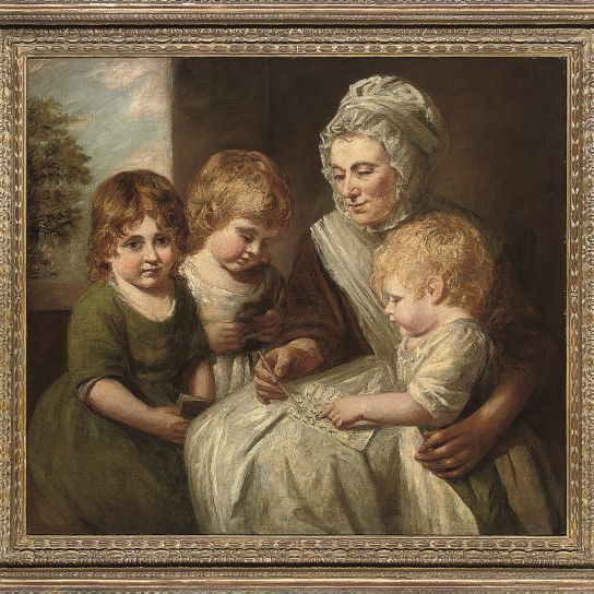 George Romney — Портрет гувернантки с тремя детьми, в три четверти роста, сидящей с букварем в руках, на фоне пейзажа