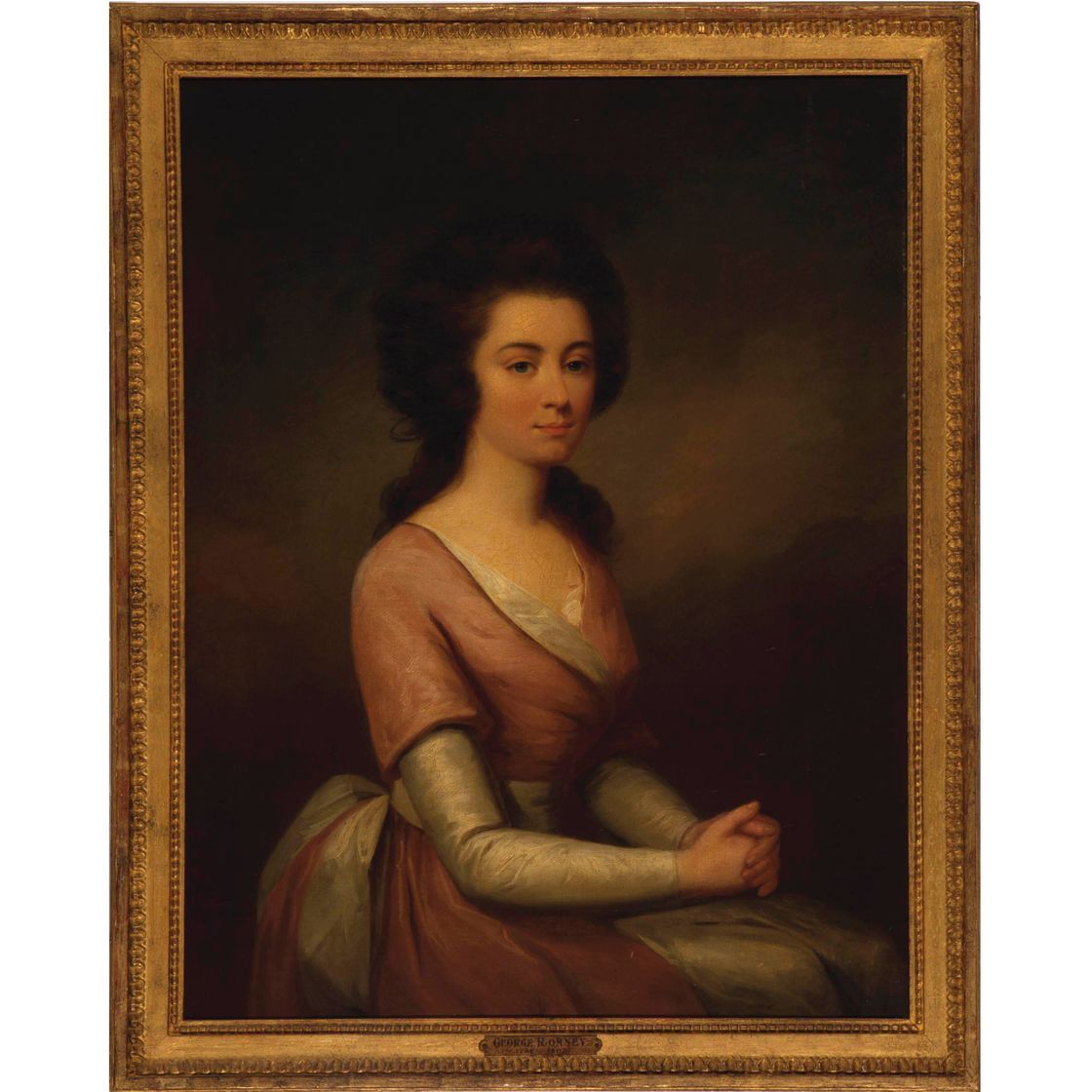George Romney — Портрет дамы, сидящей в полный рост, в розовом платье