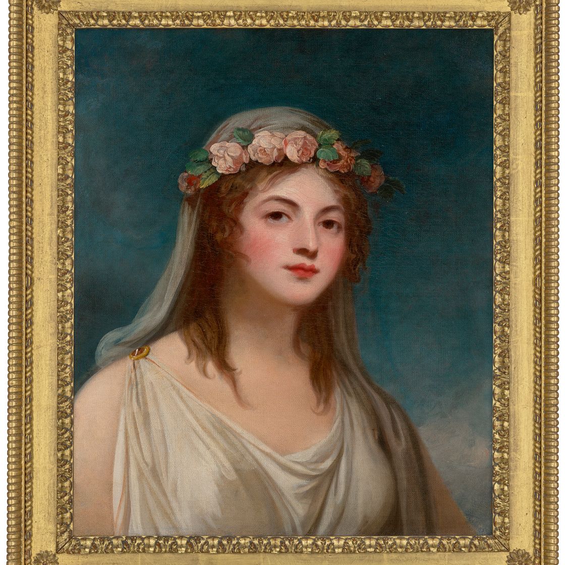 George Romney — Портрет леди, которую традиционно называют Эммой Гамильтон, длиной до груди, в классическом платье и вуали, с гирляндой роз, изображение 1