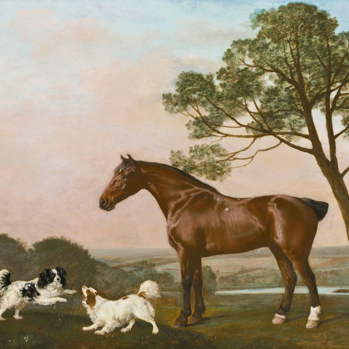 George Stubbs — Гнедой охотник с двумя игривыми спаниелями