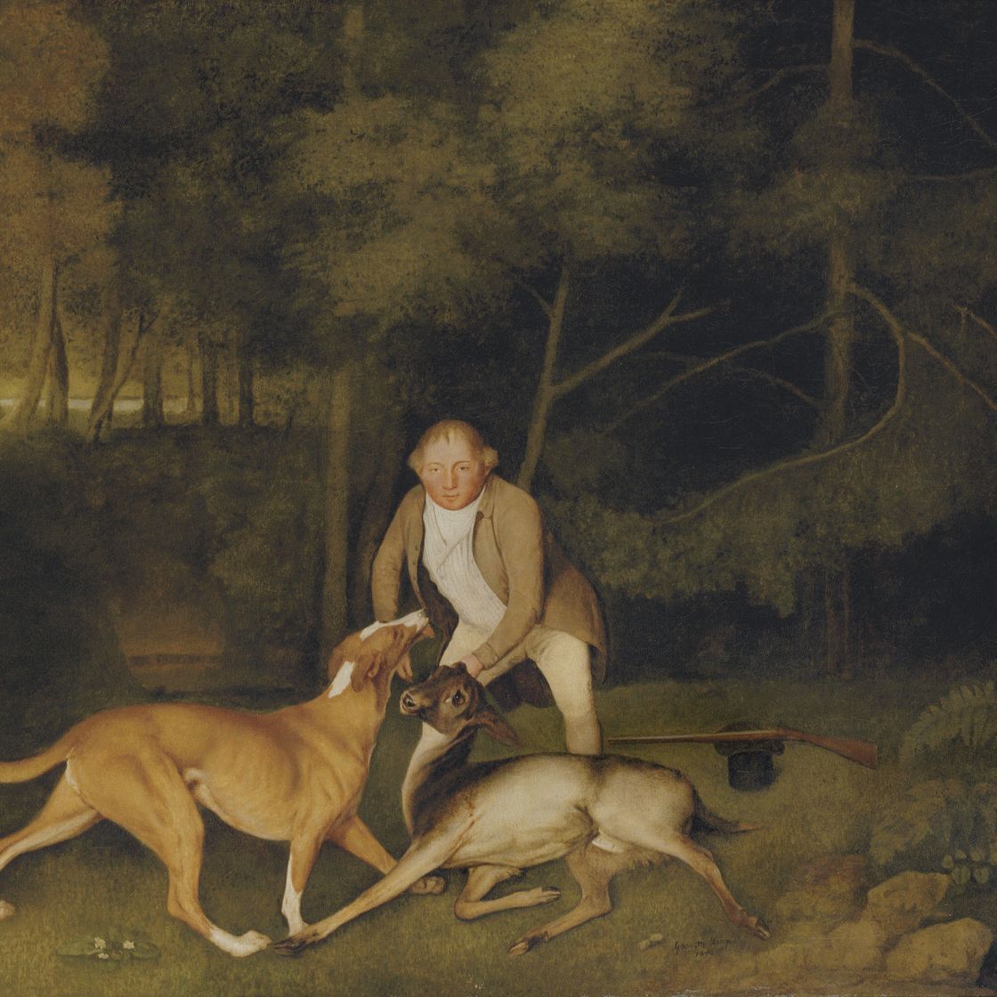 George Stubbs — Томас Фримен, егерь лорда Кларендона, с собакой и подстреленной самкой на фоне лесистого речного пейзажа, рядом с ним ружье и шляпа