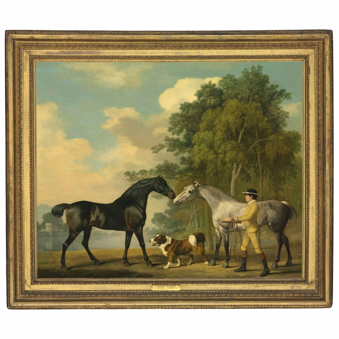 George Stubbs — Два охотника с молодым конюхом и собакой на берегу озера
