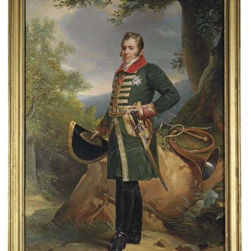 Gérard — Портрет Шарля-Фердинанда д'Артуа, герцога Беррийского (1778-1820), в охотничьем костюме, со шляпой в правой руке, с трубой на скале слева, на фоне скалистого лесистого пейзажа.