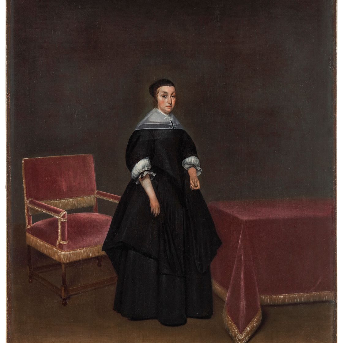 Gérard — Портрет Германы ван дер Кройсс (1615-1705), в полный рост, в черном платье с белым воротничком и манжетами, стоящей у стола и мягкого кресла