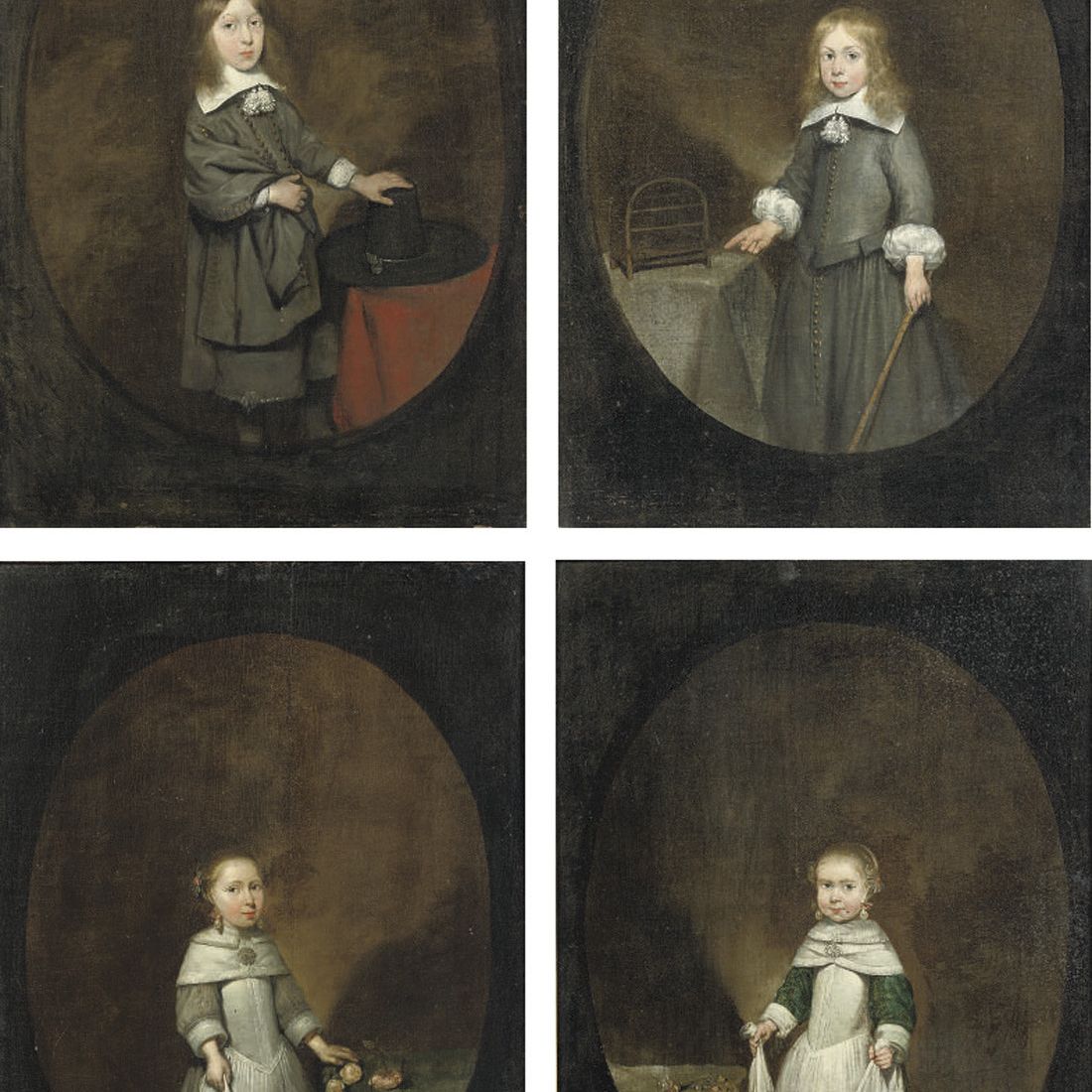 Gérard — Портрет Питера Крейвангера (род. 31 июля 1650 - после 1670), в три четверти роста, в сером костюме с белым воротничком, стоящий у стола, покрытого красной драпировкой, его левая рука покоится на черной шляпе, а правая обхватывает мантию, в нарисованном овале; Портрет Геррита Крейвангера (4 декабря 1651-1674), в три четверти роста, в сером костюме с белым воротничком, стоящий и указывающий правой рукой на птичью клетку на столе, в левой руке трость, в нарисованном овале; Портрет Лийсбет Крейвангер (урожд. 20 января 1653 -?), ростом в три четверти метра, в серебристом платье, с жемчугами и красными бантами в волосах, стоящая у стола, задрапированного зеленой скатертью с розовыми розами, придерживающая правой рукой фартук, в нарисованном овале; Портрет Налеке Крейвангер (урожд. 4 апреля 1655-1676), рост три четверти, в зеленом с золотой вышивкой платье с многослойным воротником, жемчугом и красными бантами в волосах, стоит у стола, украшенного цветами, обеими руками придерживая свой фартук, украшенный цветами, в нарисованном овале