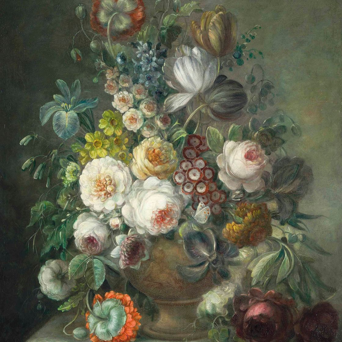 Gérard — Капустные розы, тюльпаны, нарциссы, аурикула, живокость и другие цветы в скульптурной вазе на каменном выступе