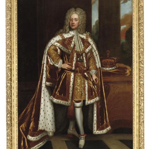 German School — Портрет короля Георга II в бытность принцем Уэльским (1683-1760), в полный рост, в парадных одеждах и с воротником Ордена Подвязки, с мечом в левой руке и в короне принца Уэльского, на каменном столе слева от него