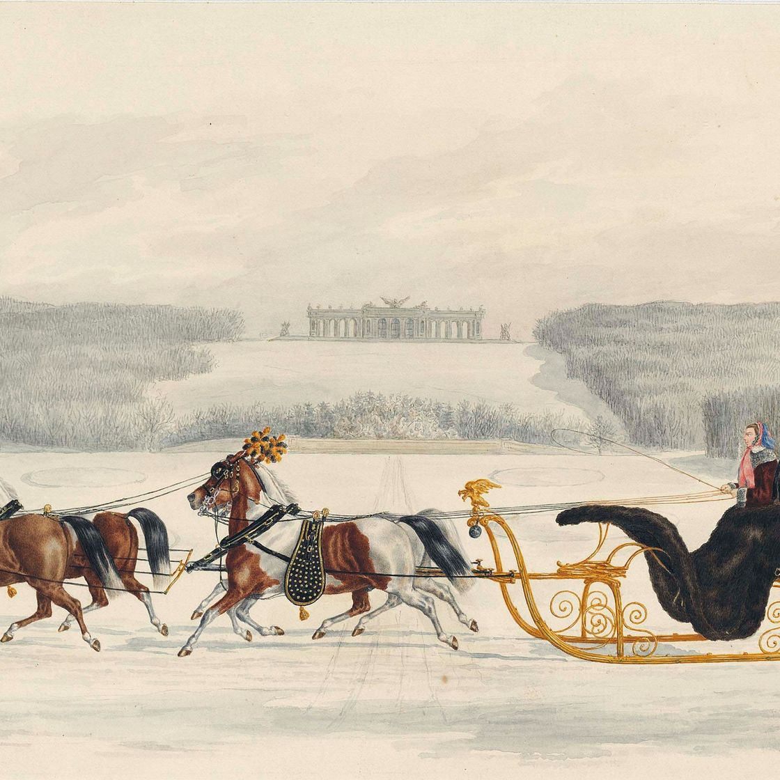 German School — Императрица Елизавета Австрийская (1837-1898) катается в запряженных лошадьми санях по Шенбрунну со спутницей