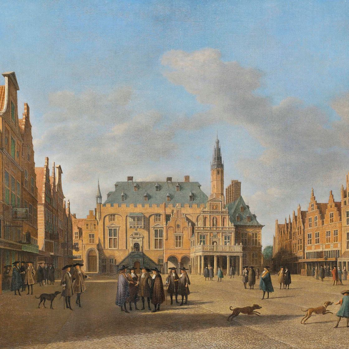 Gerrit Adriaensz Berckheyde — Гроте Маркт, Харлем, обращенный на запад, с ратушей и людьми, беседующими на рыночной площади
