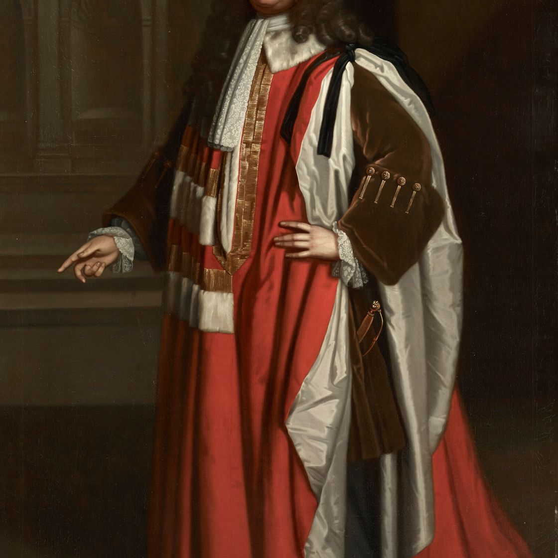 Gibson — Портрет адмирала Эдварда Рассела, 1-го графа Орфорда (1652-1727), в полный рост, в мантии пэра, с драпировкой и архитектурой за ее пределами, изображение 2