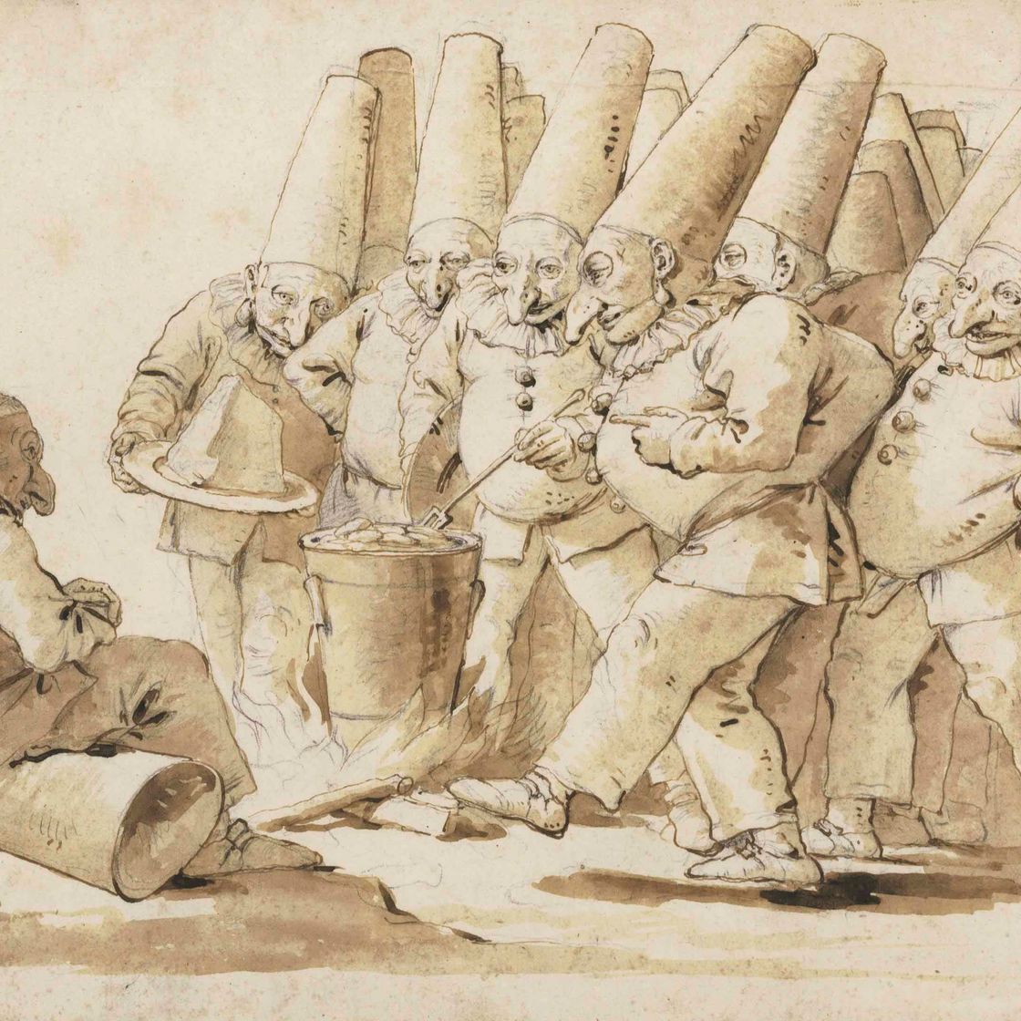 Giovanni Battista Tiepolo — Пунчинелли готовит блюдо с ньокки и сыром пармезан