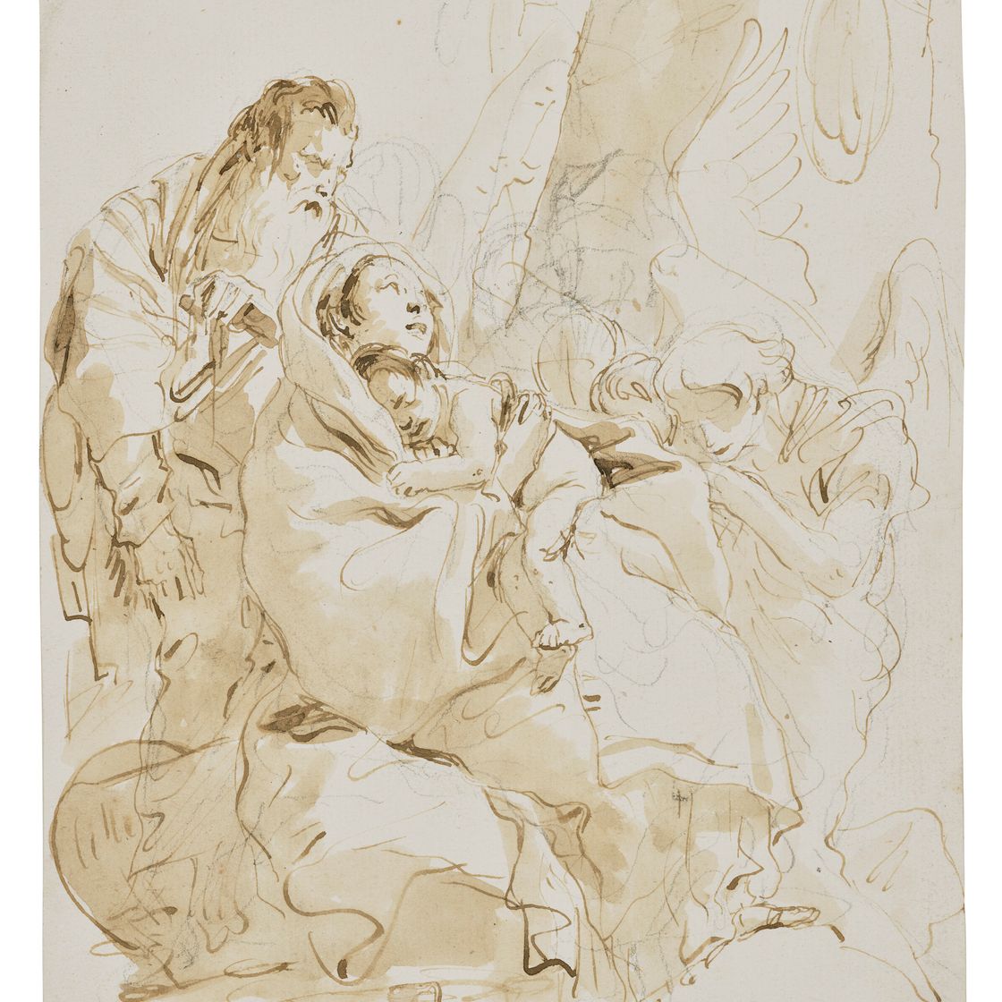 Giovanni Battista Tiepolo — Святое семейство отдыхает во время перелета в Египет, а два Ангела стоят на коленях, изображение 1