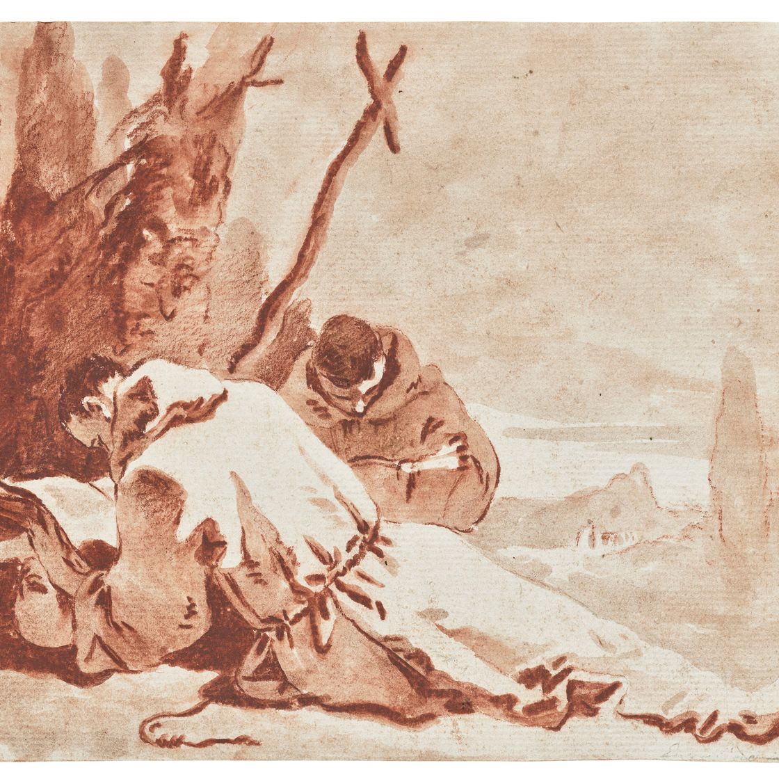 Giovanni Battista Tiepolo — Два монаха читают у креста на фоне пейзажа, изображение 1