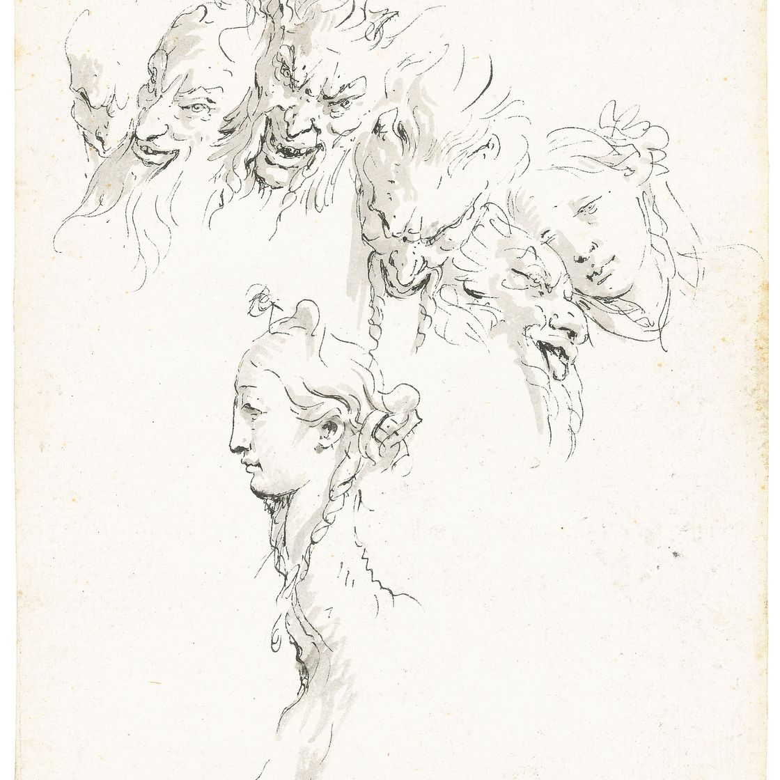 Giovanni Battista Tiepolo — Головы четырех сатиров, молодой женщины и сфинкса женского пола