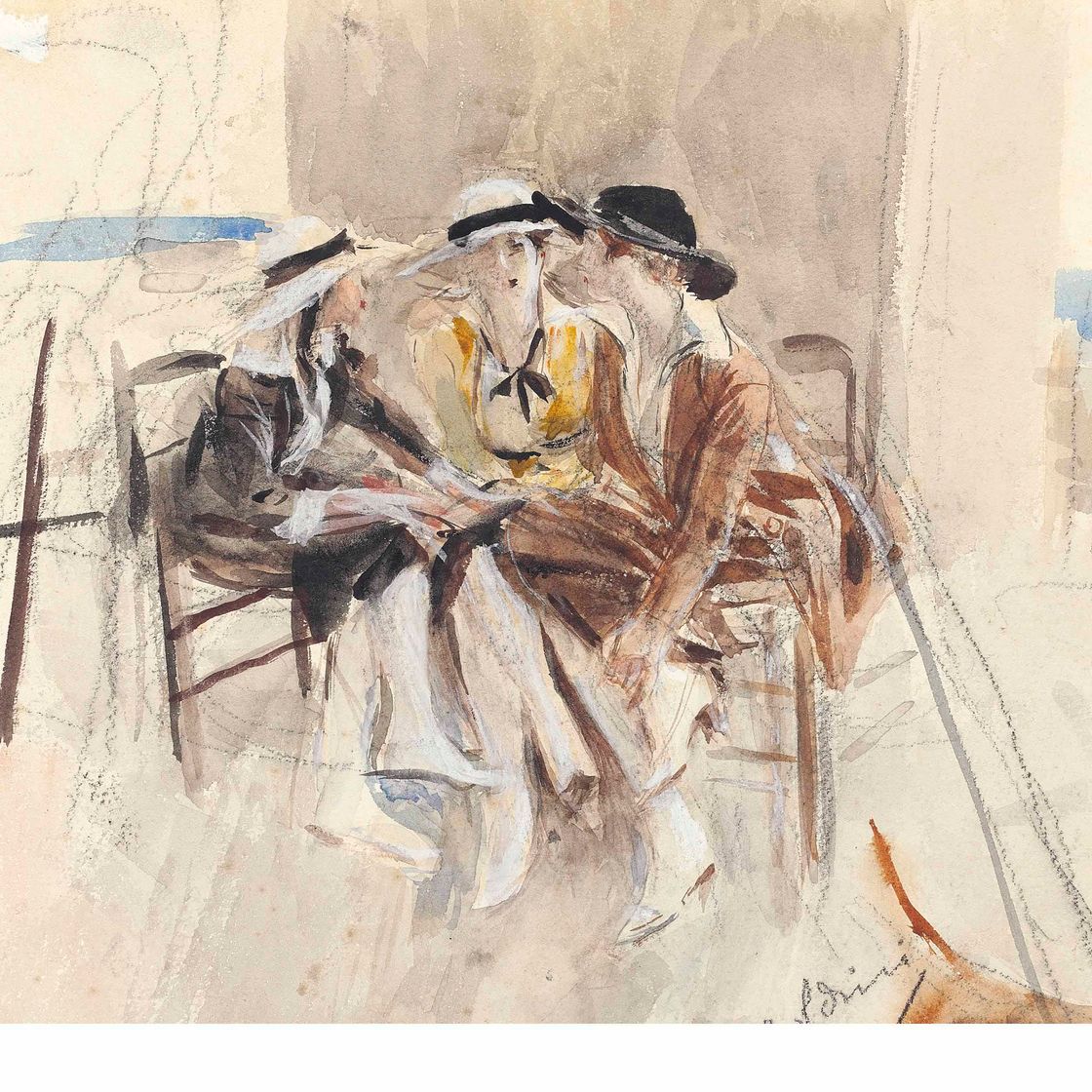 Giovanni Boldini — Три женщины беседуют на террасе ( справа ); изучение фигур ( слева )